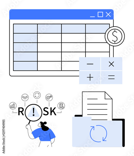 Financial spreadsheet grid with dollar symbol, calculator icons, folder with document refresh symbol, and risk analysis through magnifying glass and icons. Ideal for finance, data analysis, risk