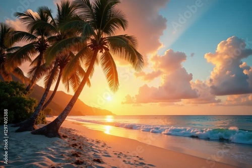 Vintage palm trees on a sandy beach at sunset, sand, atmosphere