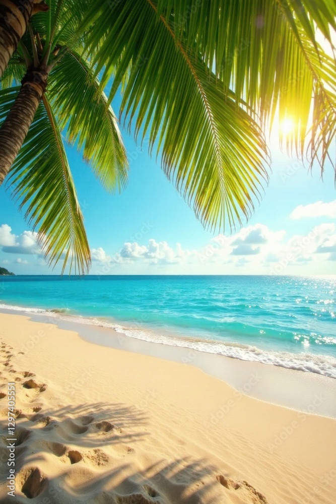 Obraz premium Warm golden sand stretches under swaying palm fronds in a serene ocean setting, sandy shore, palm trees