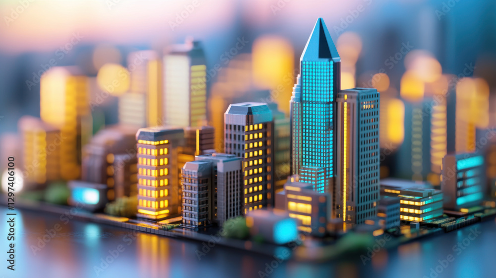 Obraz premium Futuristic cityscape model with glowing buildings and vibrant lights