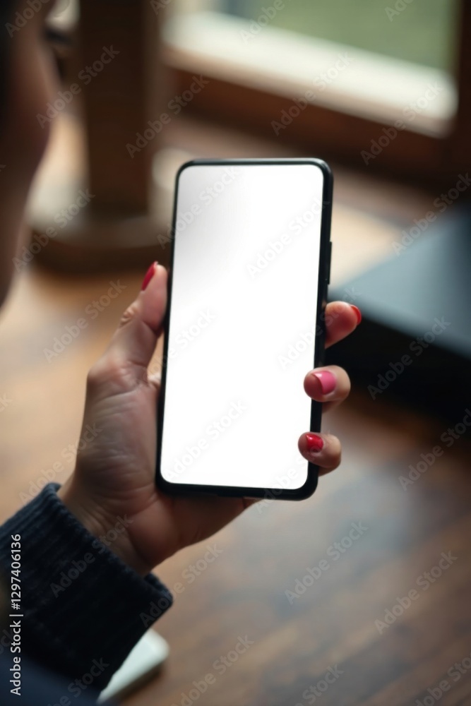 Woman sitting on a table holding a blank mobile phone screen with her hand resting on it, workspace, sitting Woman sitting on a table holding a blank mobile phone screen with her hand resting on it, workspace, sitting