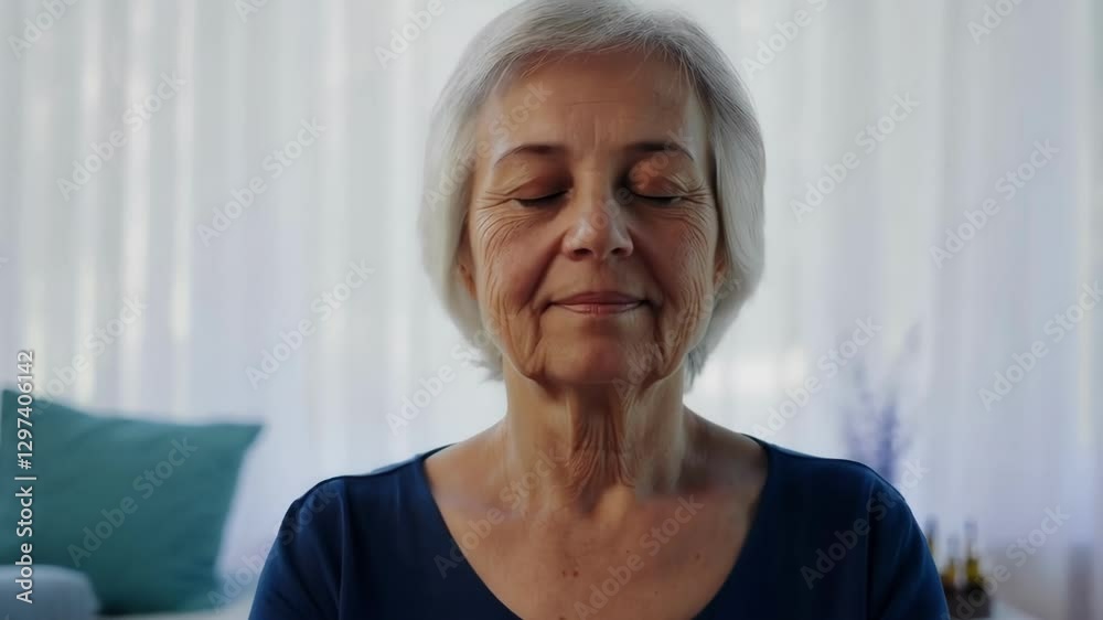 Calm senior woman practicing mindfulness, enjoying a moment of serenity with closed eyes and a peaceful expression in a relaxing home environment Calm senior woman practicing mindfulness, enjoying a moment of serenity with closed eyes and a peaceful expression in a relaxing home environment