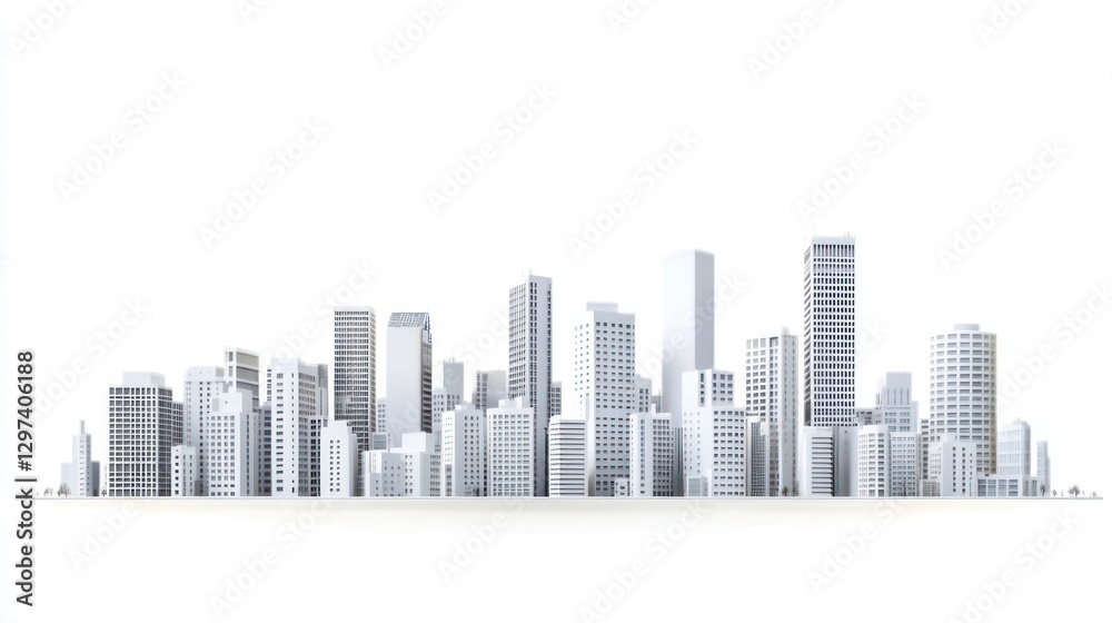 Cityscape model, 3D rendered buildings, white background, urban horizon, architectural design, commercial use Cityscape model, 3D rendered buildings, white background, urban horizon, architectural design, commercial use