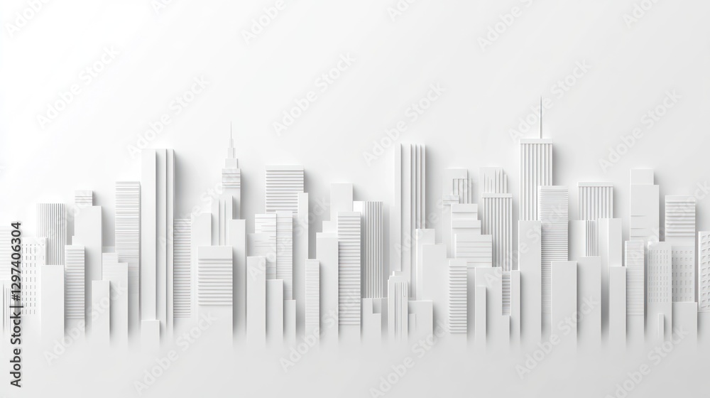 3D Model White City Skyline Background, Minimalist Urban Design, Abstract Architecture, Wallpaper, Presentation, Illustration