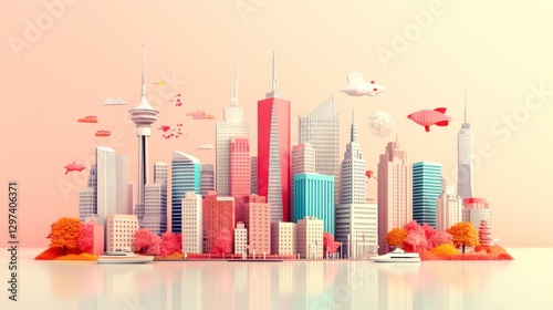 Cityscape, low-poly, pastel colors, floating objects. Possible use stock photography photo