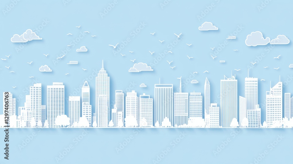 Naklejka premium Paper Cut City Skyline, Abstract Cityscape, Soft Color, Minimalist Art, Background Image, Flat Design, Illustration