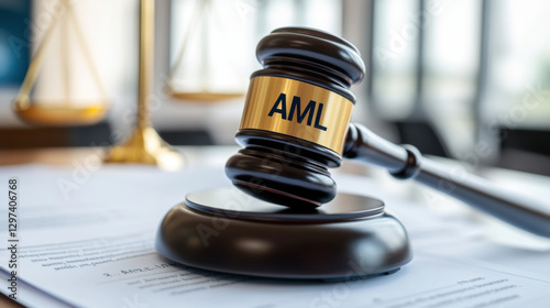gavel rests on financial documents, symbolizing AML regulations and justice