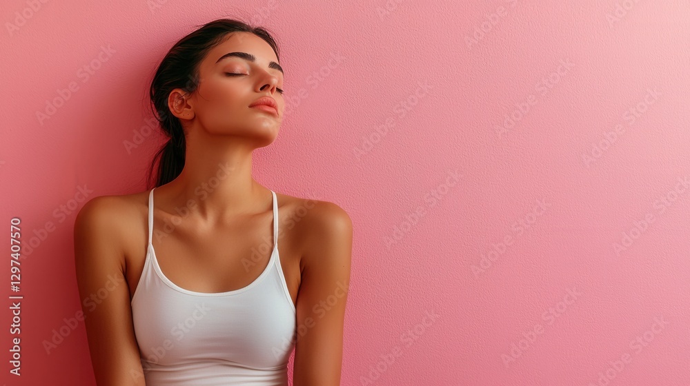 Soft Toned Portrait Photograph of a Joyful Elegant Minimalist Woman with Closed Eyes Against a Pink Background in a Studio Setting Soft Toned Portrait Photograph of a Joyful Elegant Minimalist Woman with Closed Eyes Against a Pink Background in a Studio Setting
