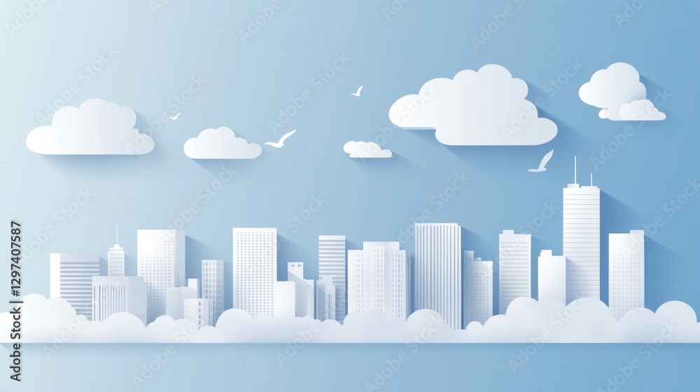 Fototapeta premium Paper cut city skyline with clouds, peaceful urban scene, potential for use in design or stock photography