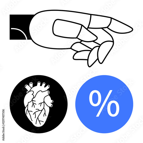 Robotic hand pointing detailed heart in black circle, percentage in blue circle. Ideal for health, technology, AI, robotics, cardiology, data analysis and future concepts. Abstract line flat