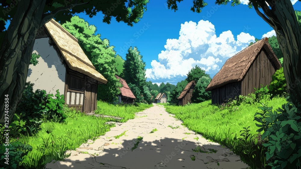 Tranquil and picturesque rural Japanese village landscape with traditional thatched roof huts a winding dirt path Tranquil and picturesque rural Japanese village landscape with traditional thatched roof huts a winding dirt path