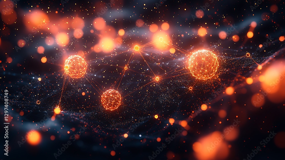 Obraz premium Networked glowing spheres in a digital space