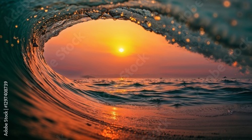 Sunset Wave Tunnel with Surfers on the Horizon