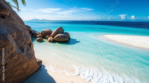 Idyllic Tropical Beach with Crystal Clear Water, White Sand, and Large Coastal