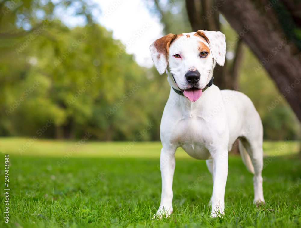A Hound mixed breed dog with a happy expression A Hound mixed breed dog with a happy expression