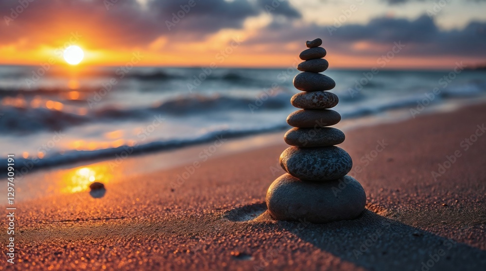 Obraz premium Zen Stone Stack on the Beach at Sunset