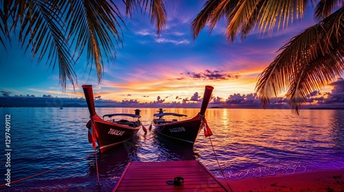 Tropical Sunset with Traditional Wooden Boats and Vibrant Sky