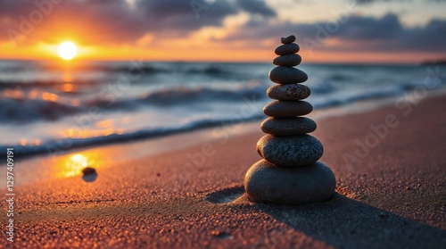 Zen Stone Stack on the Beach at Sunset