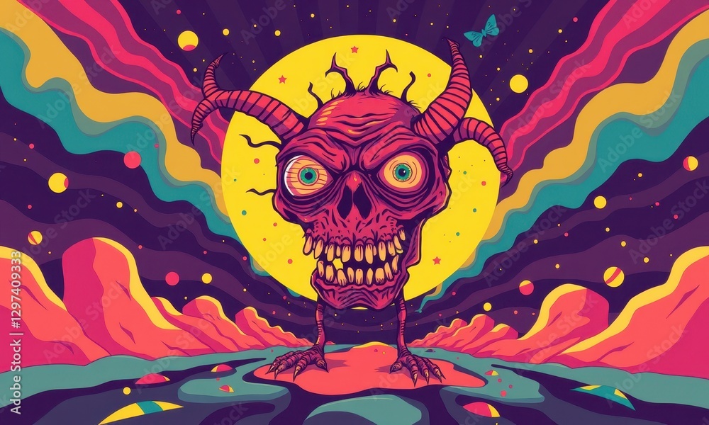 Fototapeta premium Psychedelic Skull with Horns and Cosmic Backdrop Featuring Vibrant Colors and Surreal Design Elements in a Fantasy Landscape Art Illustration