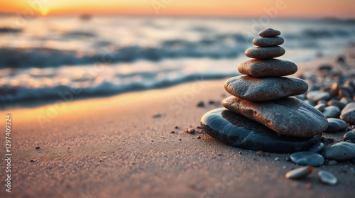 Zen Stone Stack on a Tranquil Beach at Sunset