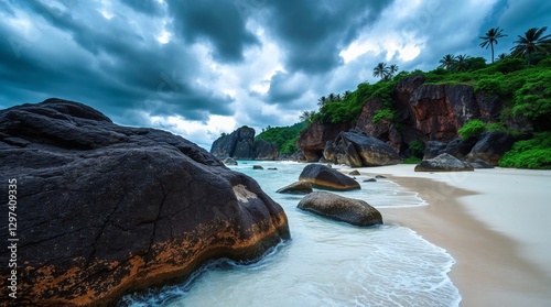 Tropical Beach with Large Rocks and Stormy Sky
