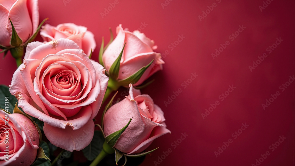 Exquisite Pink Roses on Red Background: Perfect for Mother's Day Cards, Floral Ads, and Gift Guides Exquisite Pink Roses on Red Background: Perfect for Mother's Day Cards, Floral Ads, and Gift Guides