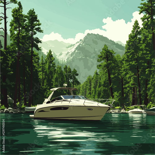 Luxurious Yacht on Serene Mountain Lake with Pine Forest and Snow-Capped Peaks Vector Illustration - Perfect for Nature and Travel Enthusiasts