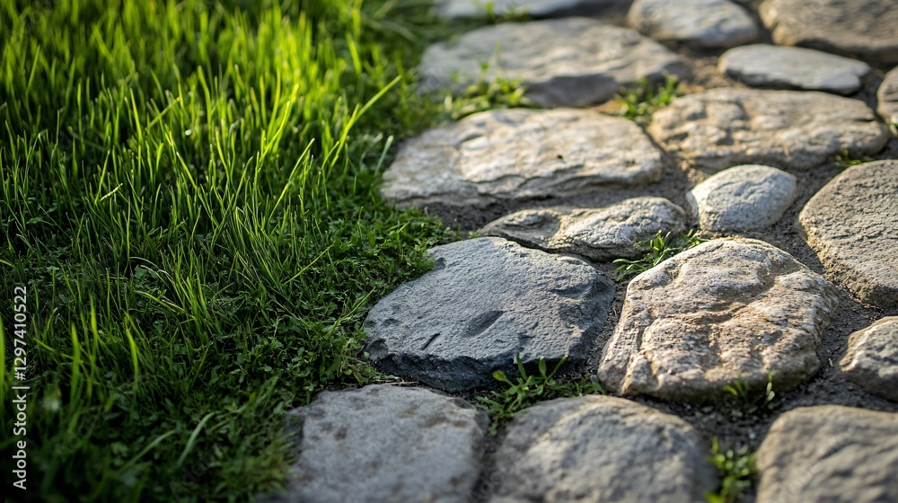 Tranquil Landscape Design with Grass and Stone Combinations for Outdoor Settings - Stock Photo Tranquil Landscape Design with Grass and Stone Combinations for Outdoor Settings - Stock Photo