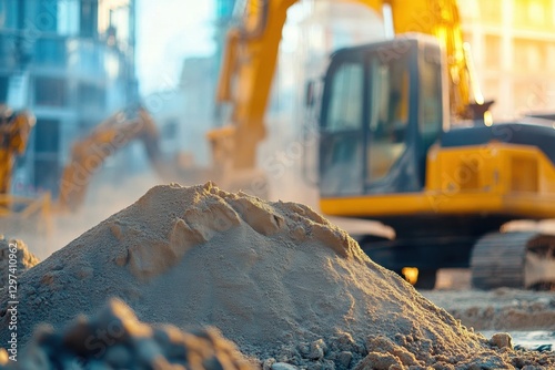 Sand Pile at Construction Site with Machinery in Motion