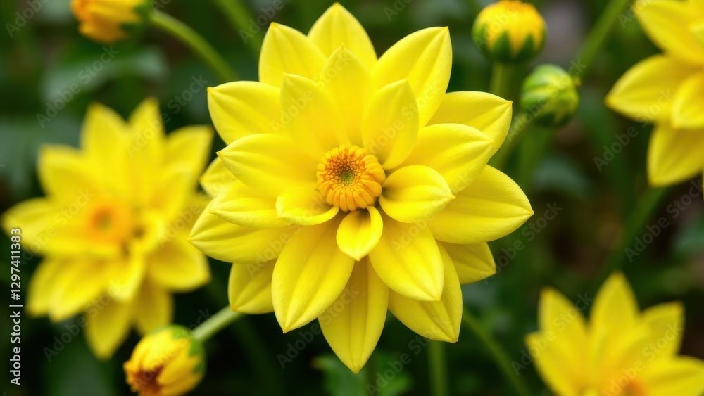 A vibrant yellow dahlia in full bloom with lush green foliage in the background.