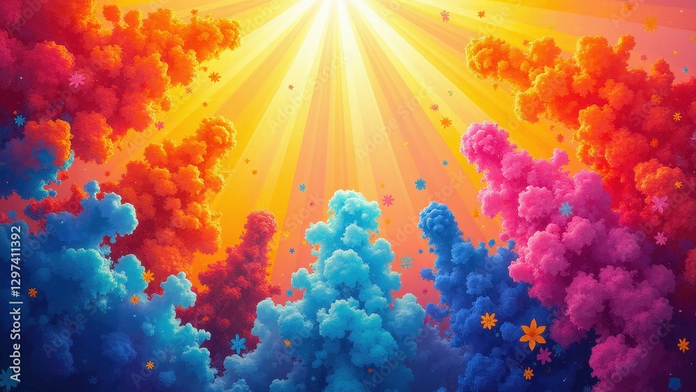 Wszystkiego najlepszego z okazji urodzin! Colorful clouds and flowers under a bright sunburst create a vibrant and joyful scene.
