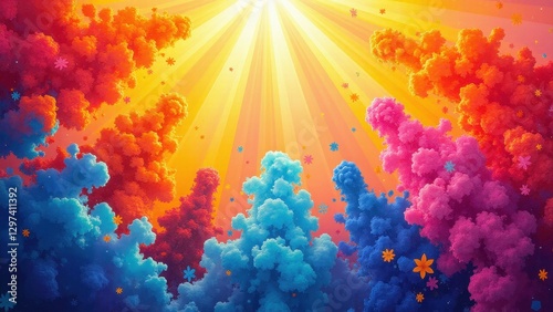 Obraz na płótnie Wszystkiego najlepszego z okazji urodzin! Colorful clouds and flowers under a bright sunburst create a vibrant and joyful scene. w salonie