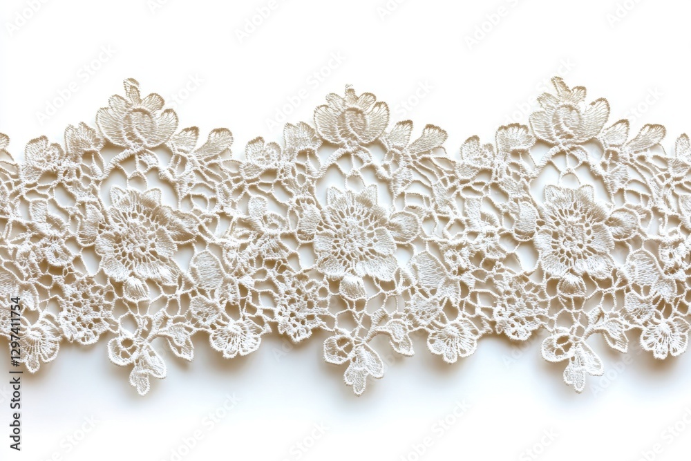 Decorative lace trim showcases intricate floral patterns, perfect for crafting or garment embellishment Decorative lace trim showcases intricate floral patterns, perfect for crafting or garment embellishment