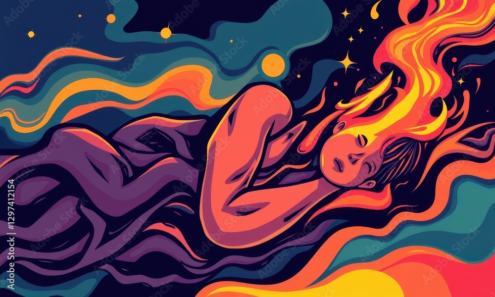 Fototapeta premium Vibrant Abstract Artwork Featuring a Dreamy Human Figure Entangled in Fiery and Colorful Swirls of Flames and Smoke Amidst a Cosmic Backdrop