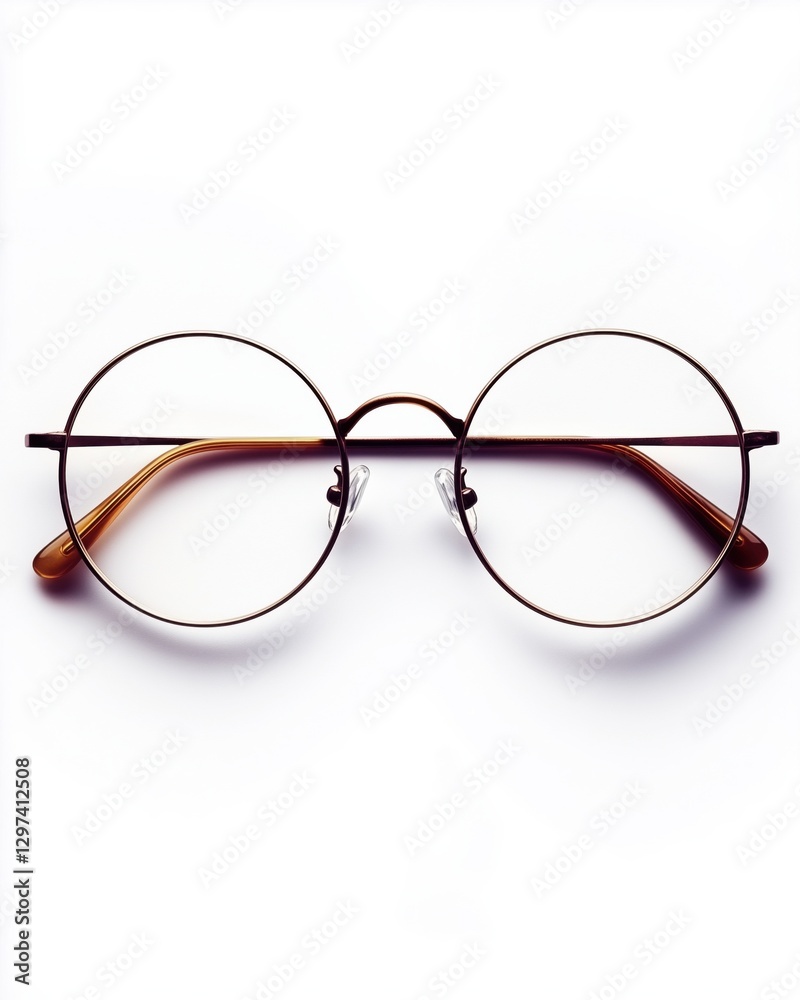 A pair of stylish round glasses with a thin frame on a white background. A pair of stylish round glasses with a thin frame on a white background.