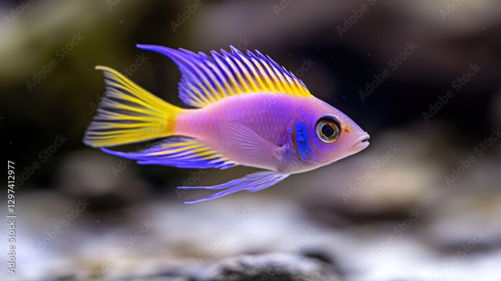 Vibrant freshwater fish swimming gracefully in a serene aquarium, surrounded by colorful rocks Vibrant freshwater fish swimming gracefully in a serene aquarium, surrounded by colorful rocks