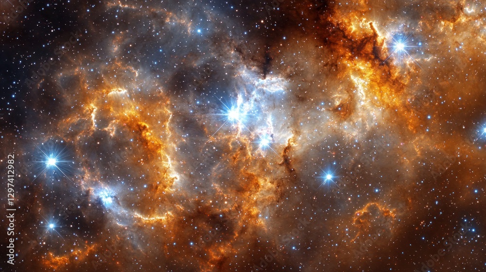 Naklejka premium Celestial Symphony - Vibrant Galactic Pattern with Overlapping Star Clusters and Nebula Clouds in 2D Flat Illustration