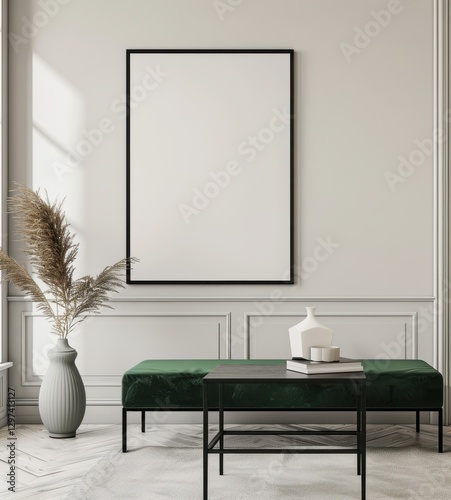 A modern living room interior with a green velvet bench. a black frame. and a white vase