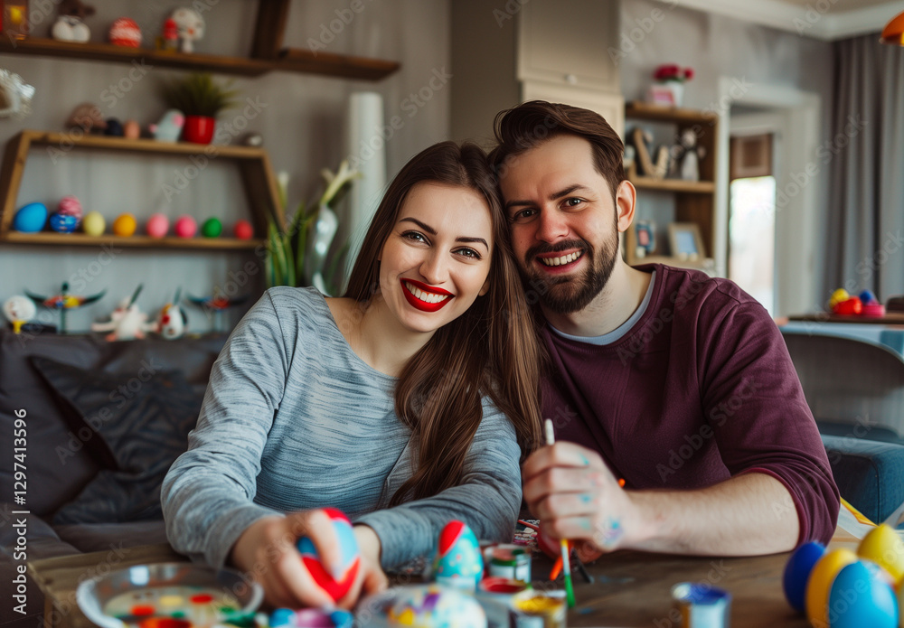Fototapeta premium Attractive couple painting Easter eggs together in modern home.Woman in grey shirt with red lipstick, man in dark top.