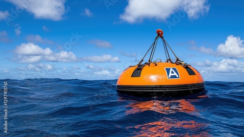 Striking orange lifesaving buoy floating on serene ocean waves against a dramatic cloudy sky