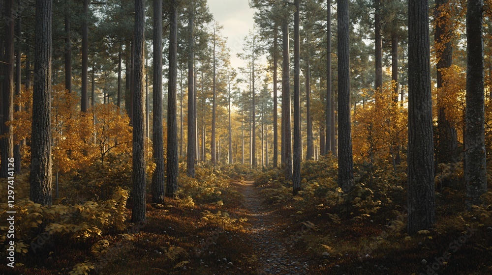 Fototapeta premium Vibrant Autumn Forest in Sweden with Ultra-Detailed and Hyper-Realistic Visuals for Adobe Stock