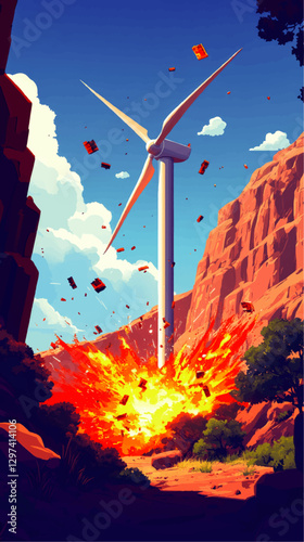 Vector Illustration of Wind Turbine in Canyon with Dramatic Explosion and Debris Amidst Nature and Blue Sky - Vibrant Energy and Environmental Impact Art