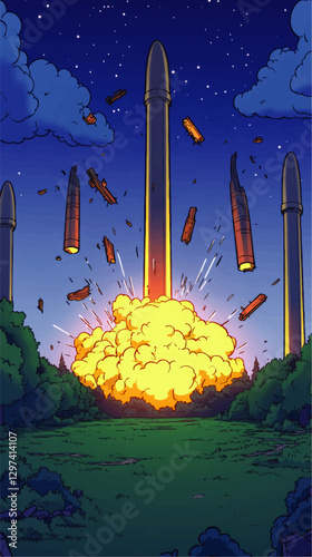 Dynamic Explosion Vector Illustration: Rocket Launch with Fiery Blast Amidst Night Sky with Stars, Clouds, Debris, and Scenic Green Forest Landscape