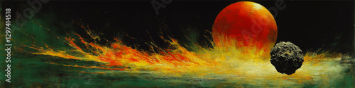 Dynamic Vector Illustration of Fiery Space Collision: Vivid Planetary Explosion with Astounding Asteroid, Vivid Colors, Cosmic Energy, and Celestial Drama