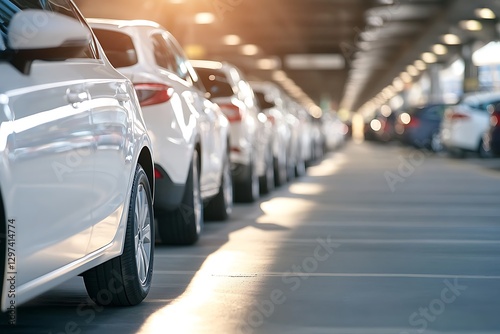 Wallpaper Mural A close-up of white cars neatly parked in an airport lot, with blurred passengers waiting nearby. Sunlight streams in, creating a warm atmosphere. Ideal for travel-related graphics. Torontodigital.ca