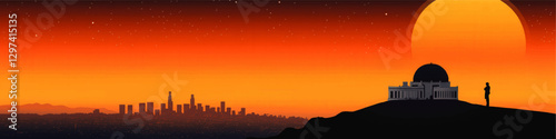Stunning Vector Art of Griffith Observatory Overlooking Los Angeles Skyline at Sunset with Silhouette and Starry Sky - Perfect for Travel and Cityscape Enthusiasts