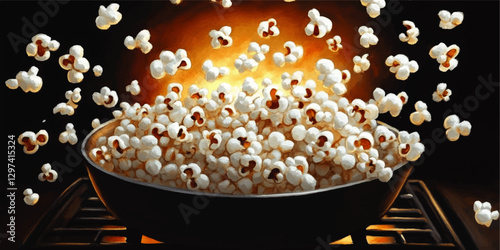 Delicious Vector Art Close-Up of Popcorn Exploding from Black Metal Pot on Stove with Warm Light and Energy – Perfect Snack and Movie Night Imagery