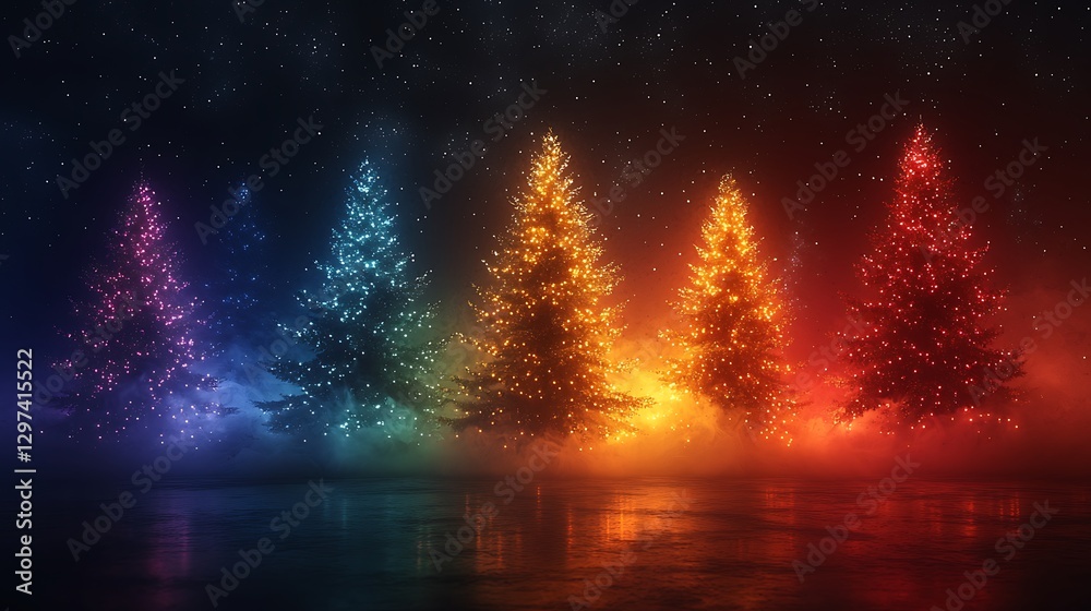 Fototapeta premium Illuminated Rainbow Christmas Trees Reflecting In Water