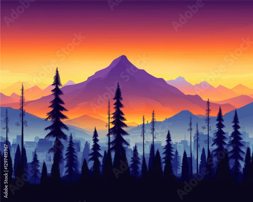 Stunning Sunrise over Mountain Vector Illustration with Forest Silhouette and City Skyline - Vibrant Sunset Colors for Nature and Urban Art Enthusiasts