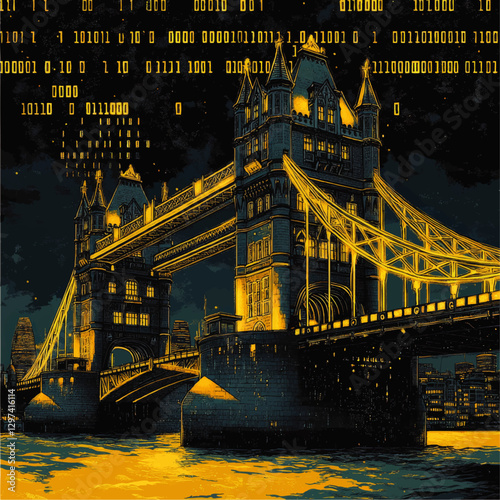 Digital Art of London Tower Bridge Illuminated with Binary Code at Night: Futuristic Skyline, Urban Architecture Icon in Vector Format for Tech-Themed Concepts